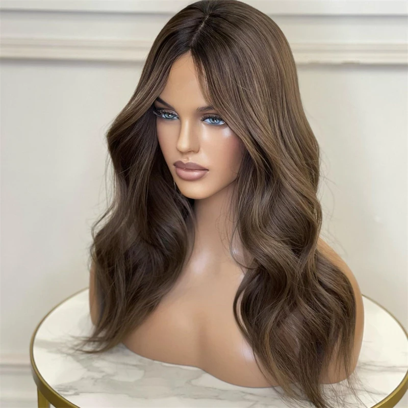 

Dark Brown Wig Ombre Balayage Synthetic Wig For Women Middle Part Realistic Body Wave Wig Glueless Small Large Cap HD Lace Wig