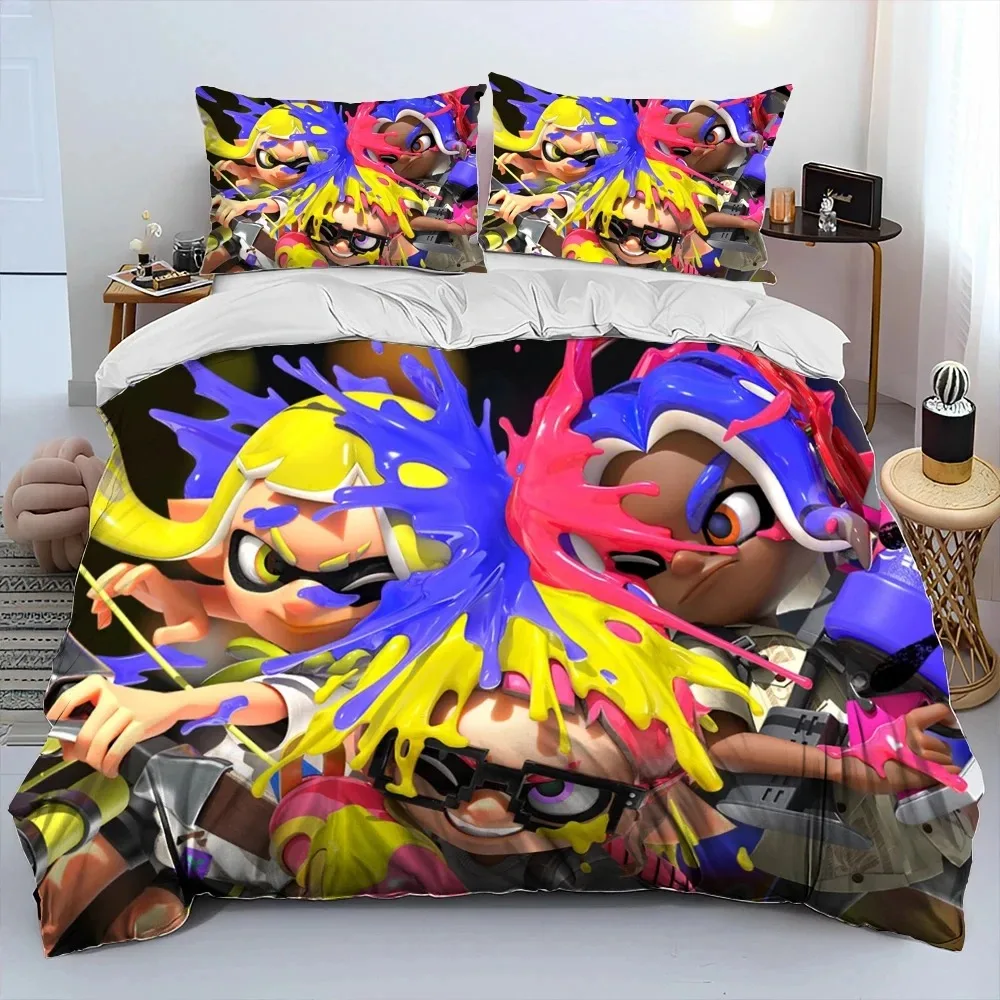 S-Splatoon Game Gamer Cartoon Comforter Bedding Set,Duvet Cover Bed Set Quilt Cover Pillowcase,King Queen Size Bedding Set Boys