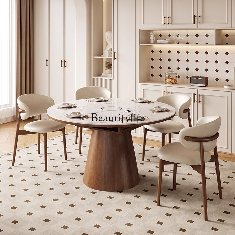 

Vintage Style Multifunctional Extendable Round and Square Stone Dining Table with Induction Cooker and Warm Dish Tray