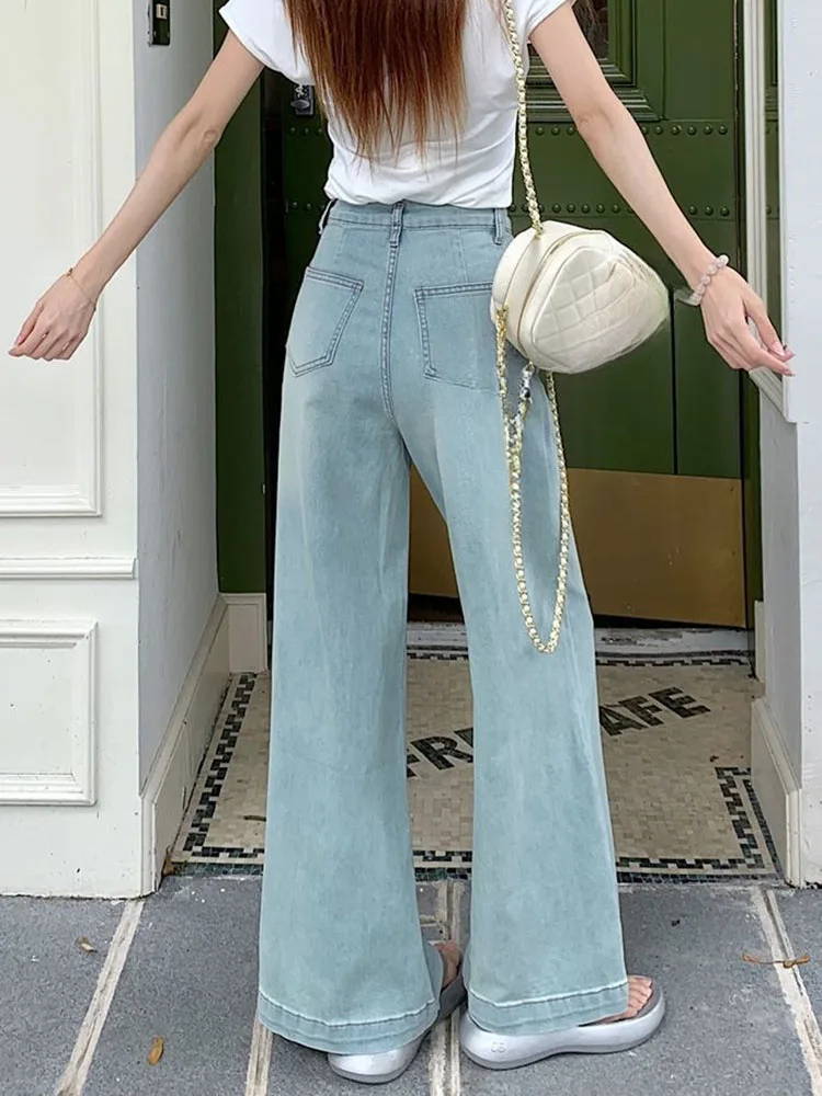 กางเกงยีนส์แฟชั่นทรงหลวมสไตล์วินเทจ ล้างสี เอวสูง ผู้หญิง สวมใส่สบาย ยืดได้ ทรงตรง ขากว้าง ทรงบูทคัท