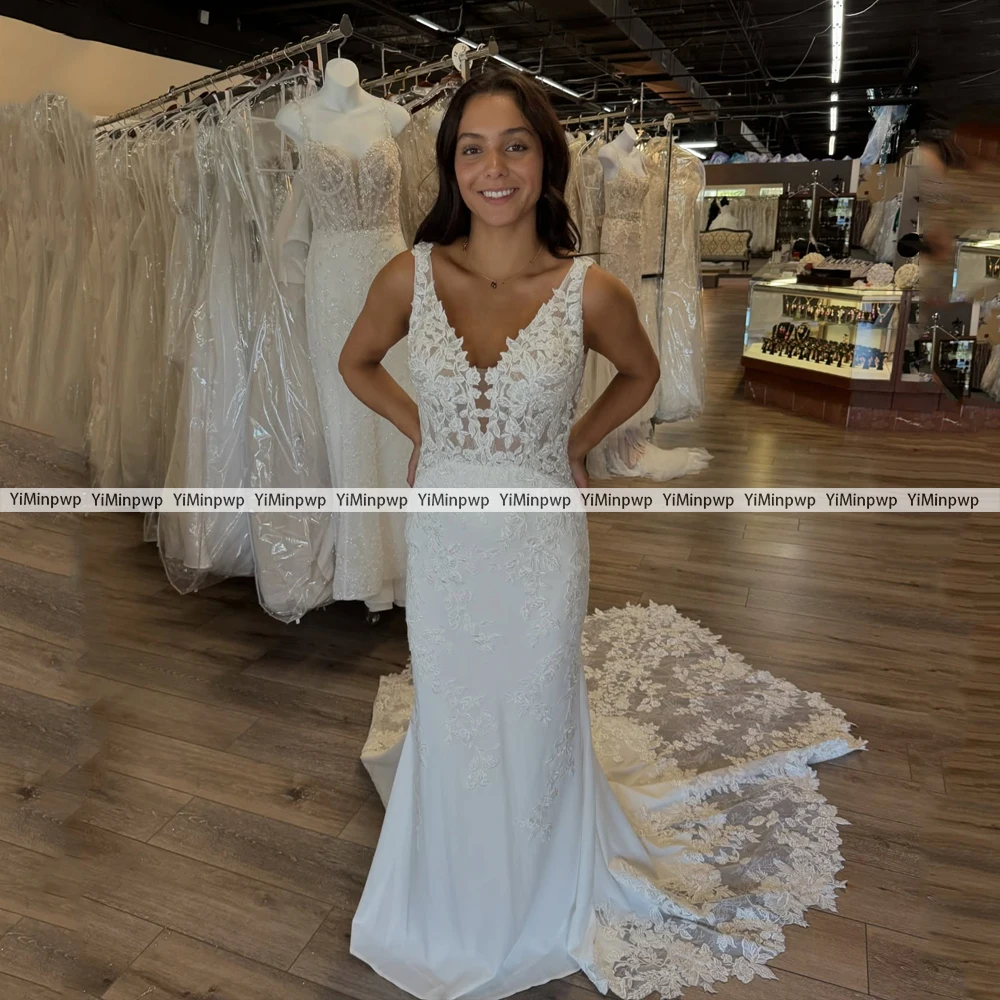 Backless Wedding Dresses Spaghetti Straps Applique Sleeveless Mermaid Satin V-Neck Customized Bridal Gowns vestido de novia