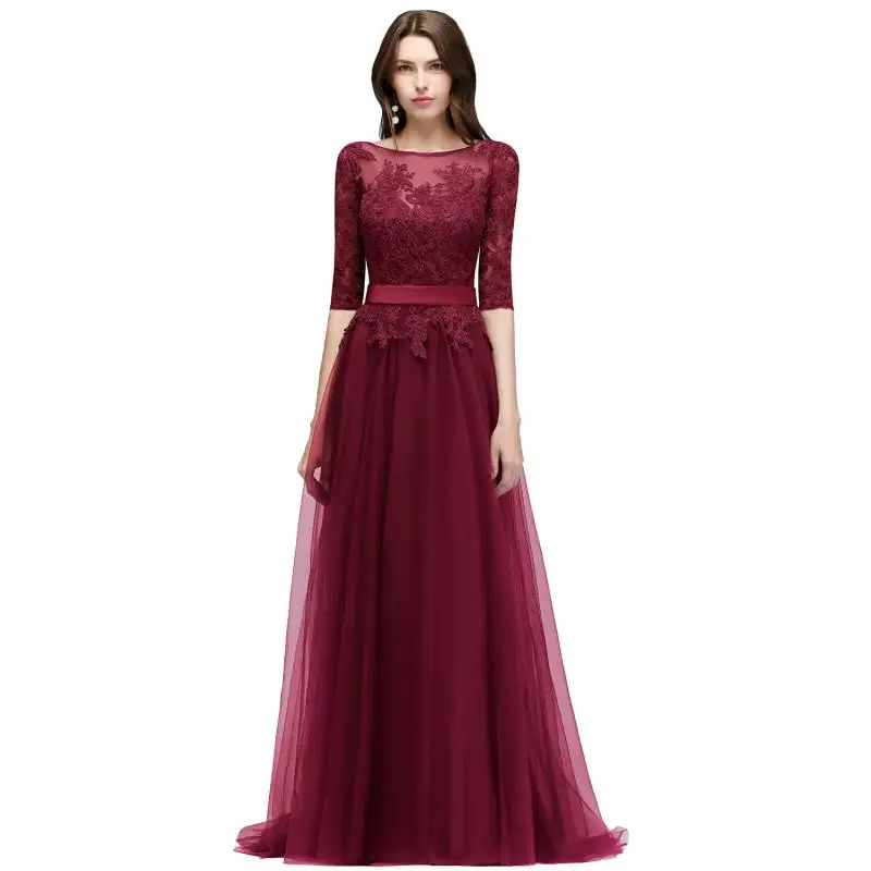 

BABYONLINE Burgundy Lace Long Bridesmaid Dresses Elegant Half Sleeve Appliques Tulle Formal Evening Party Gowns For Wedding 2026
