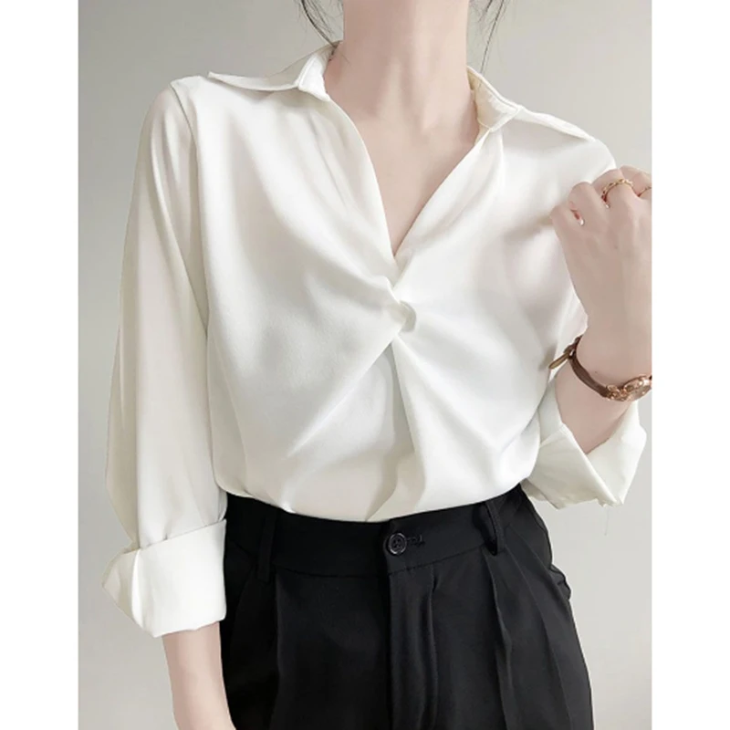 Chemisier drapé en Satin bleu pour femmes, Chic, col en V, manches longues, chemise plissée, élégant, bureau, résistant aux rides