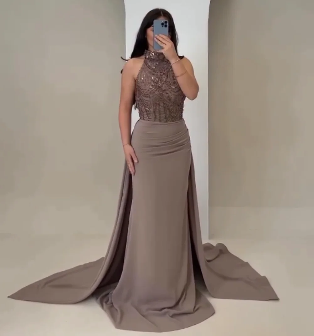 

Customized Luxury Evening Gown Pleat Sequined High Collar Trumpet Long Dresses Bespoke Occasion Woman Elegant Party Sparkle