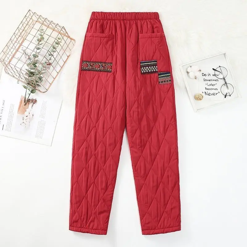 

Women's High Waist Straight Leg Cotton Pants Quilted down Simulation Silk Harlan Trousers Vintage Patchwork Long Trousers