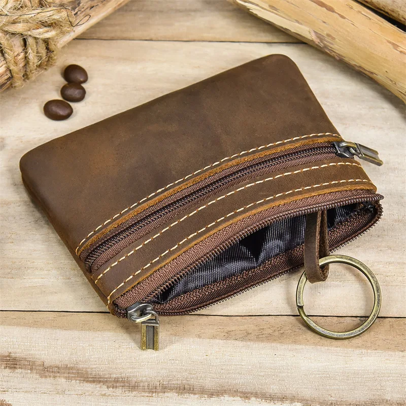 Retro Genuine Leather Coin Purse with Keychain for Men & Women Cowhide Zipper Coin Wallet Vintage Key Holder Mini Bag