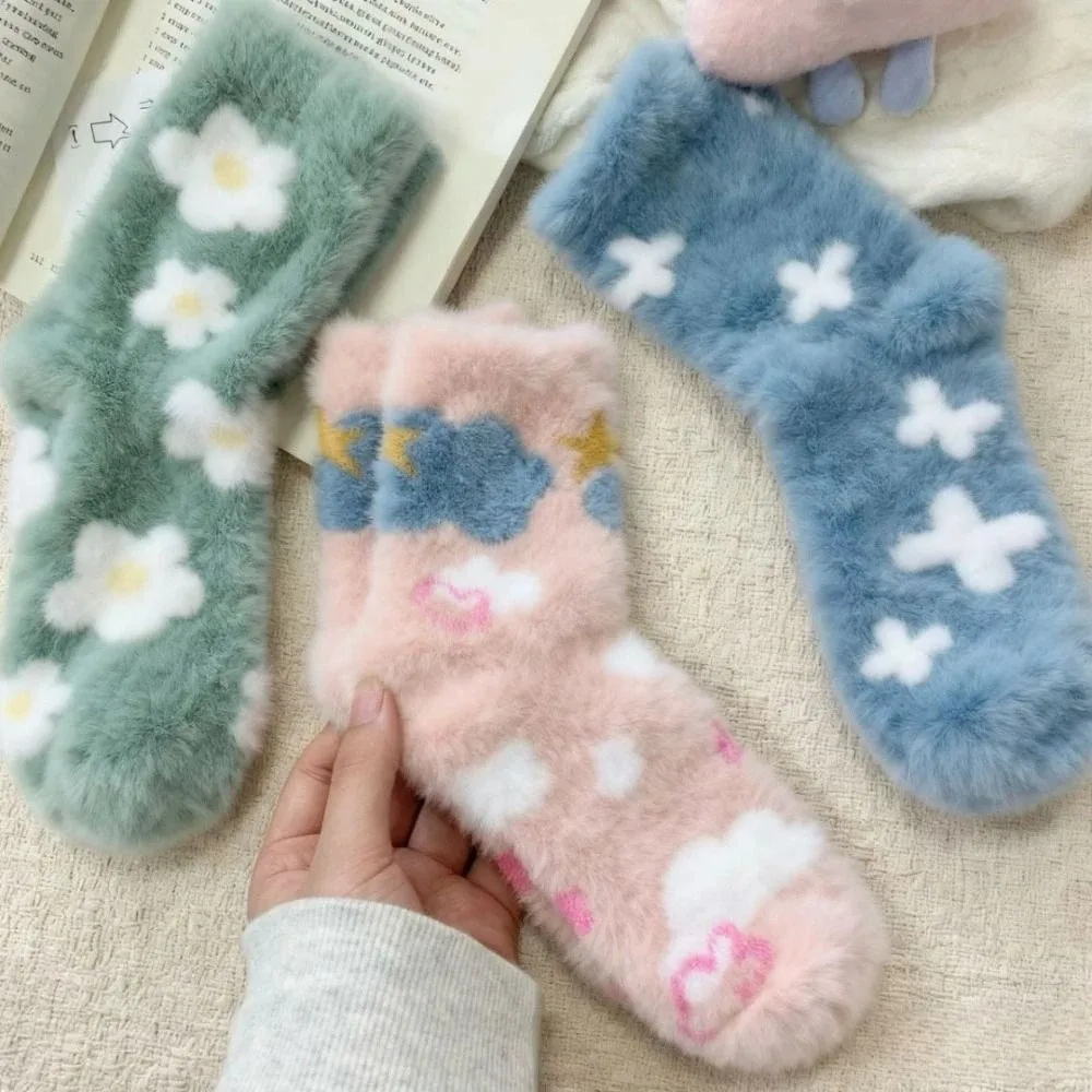 

5Pairs Ins Cartoon Mink Fur Socks Soft Sweet Sleeping Socks Women Hosiery Pile Up Plush Socks Women