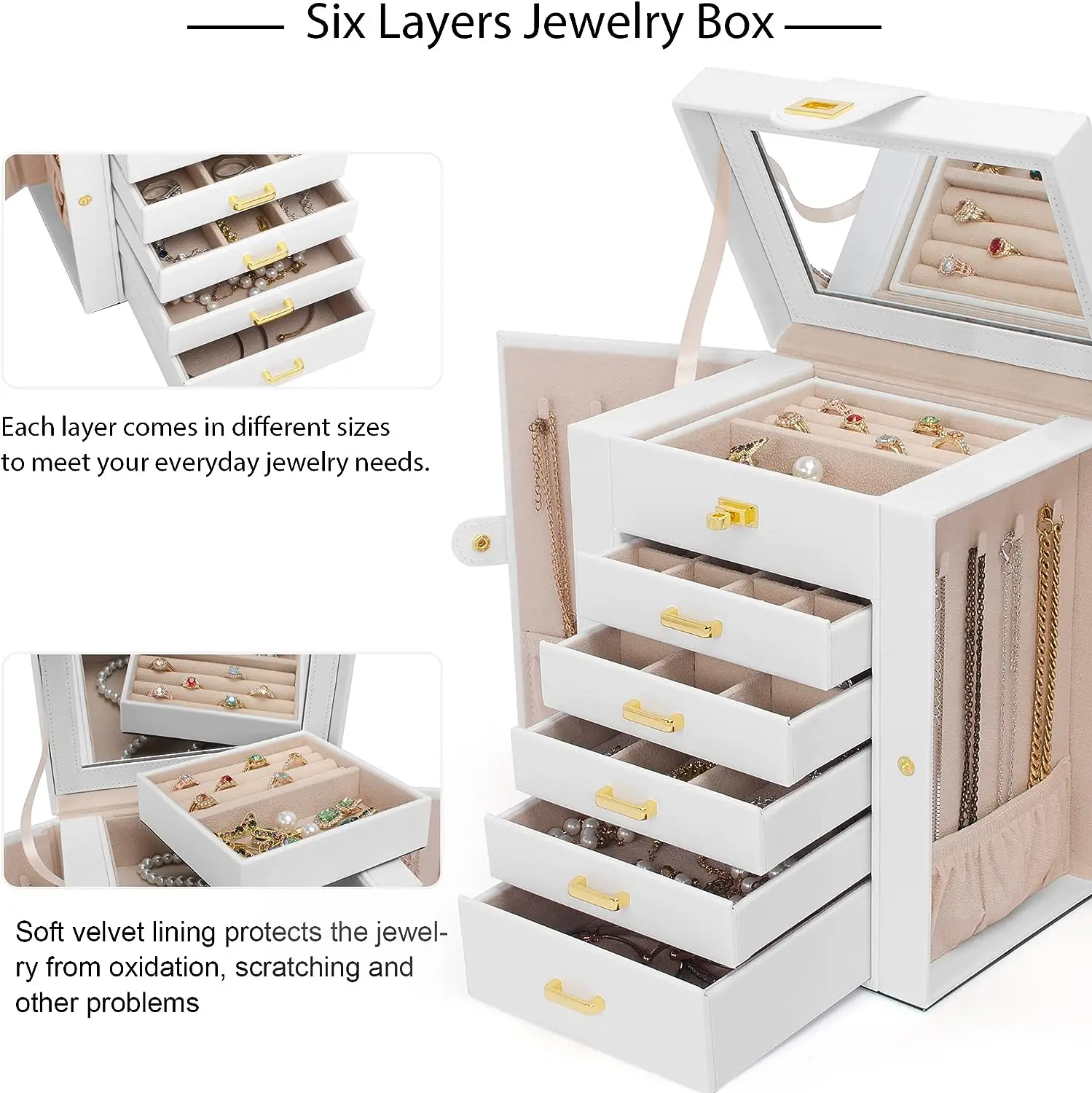 6-Tier Jewelry Box Organizer with 5 Drawers Leather Jewelry Storage Case for Women Girls Ring Necklace Earring Bracelet Holder