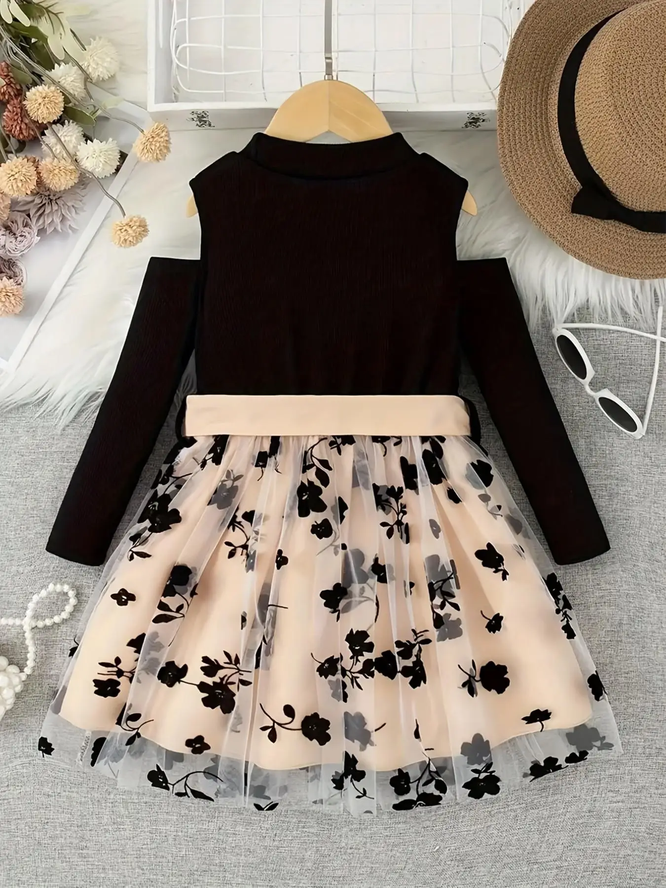 Mädchen-Midikleid mit Blumenmuster und Mesh-Einsätzen, Rundhalsausschnitt, lange Ärmel, elegantes, modisches Frühlings- und Herbstkleid mit Gürtel – Detail 5