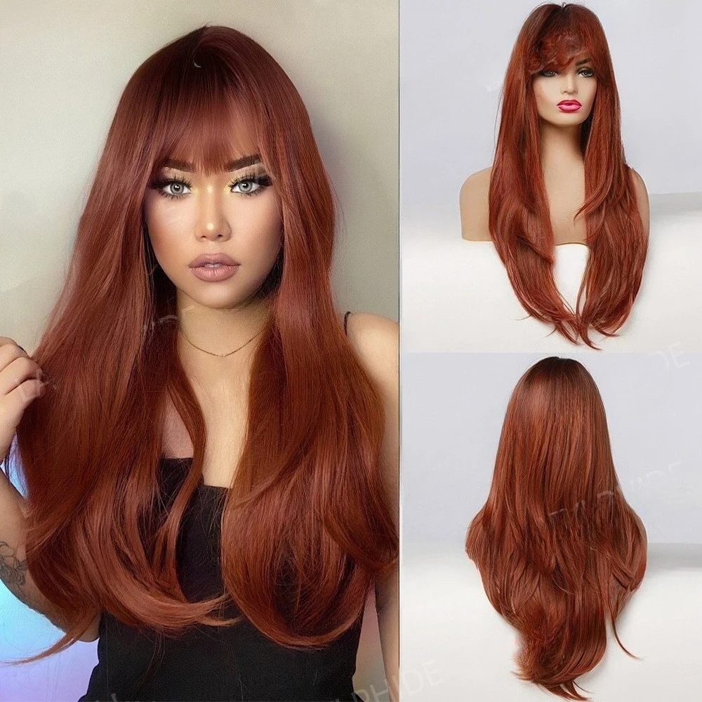 

Hot Sale Reddish Brown Long Straight Hair Slant Bangs Wigs Bangs Wig Women's Hair Mechanism European and American Chemical Fiber