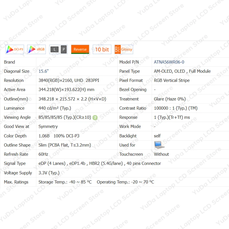 Imagem -04 - Substituição da Tela do Lcd do Portátil Oled Painel de Exposição Atna56wr06 Atna56wr07 Atna56wr08 Atna56wr060 15 Polegada 4k 3840x2160 Edp 40 Pin