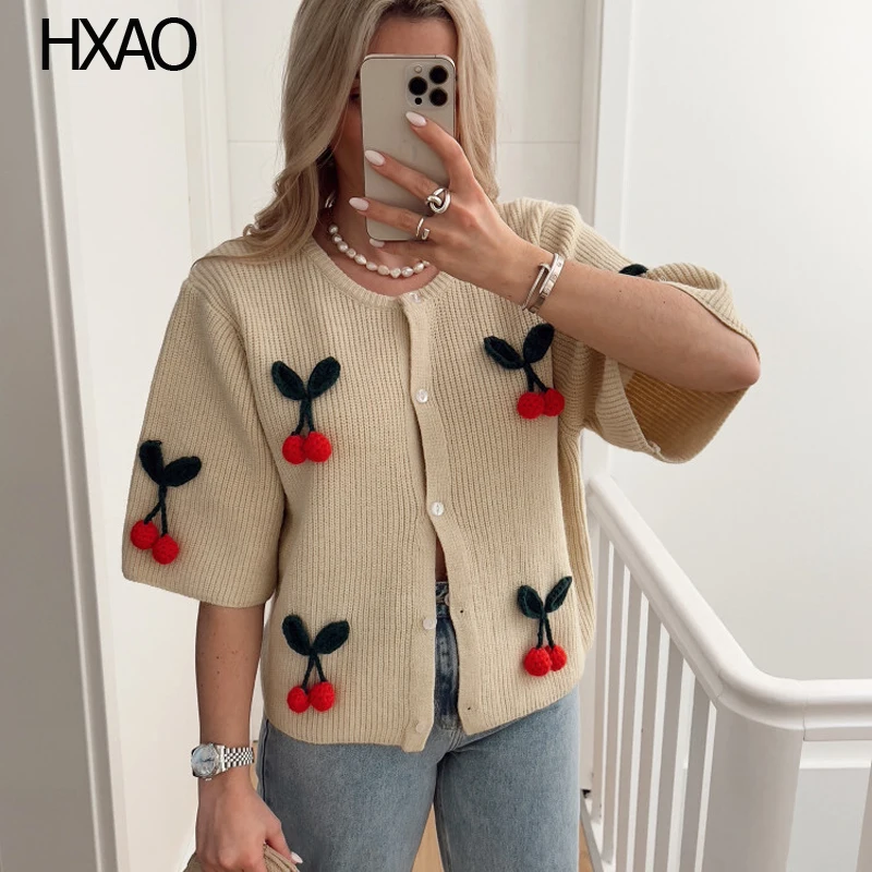 

HXAO Cherry Beige Cardigan For Women O-Neck Knitted Short Sleeve Summer Knitwear Woman Cute Tops Loose Spring Knit Sweater 2024