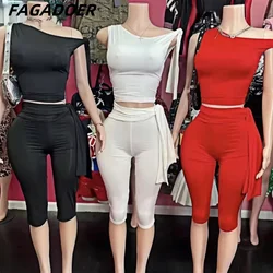 FAGADOER Fashion Streetwear Women Off Shoulder Sleeveless Lace Up Slim Top + Skinny Pants Two Piece Sets Summer New 2pcs Outfits