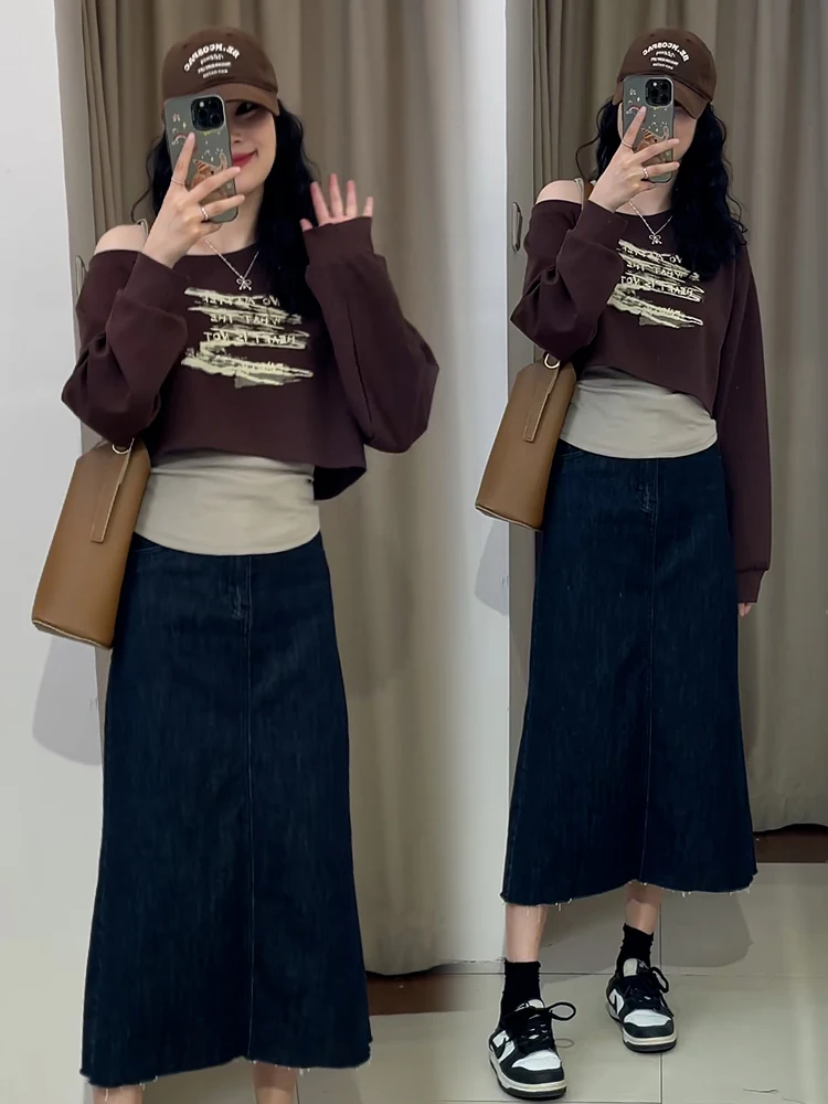 Conjunto de Faion único para mujer, sudadera ter Ne, falda larga, Sve, cintura alta, mezcla de algodón y poliéster, principios de otoño