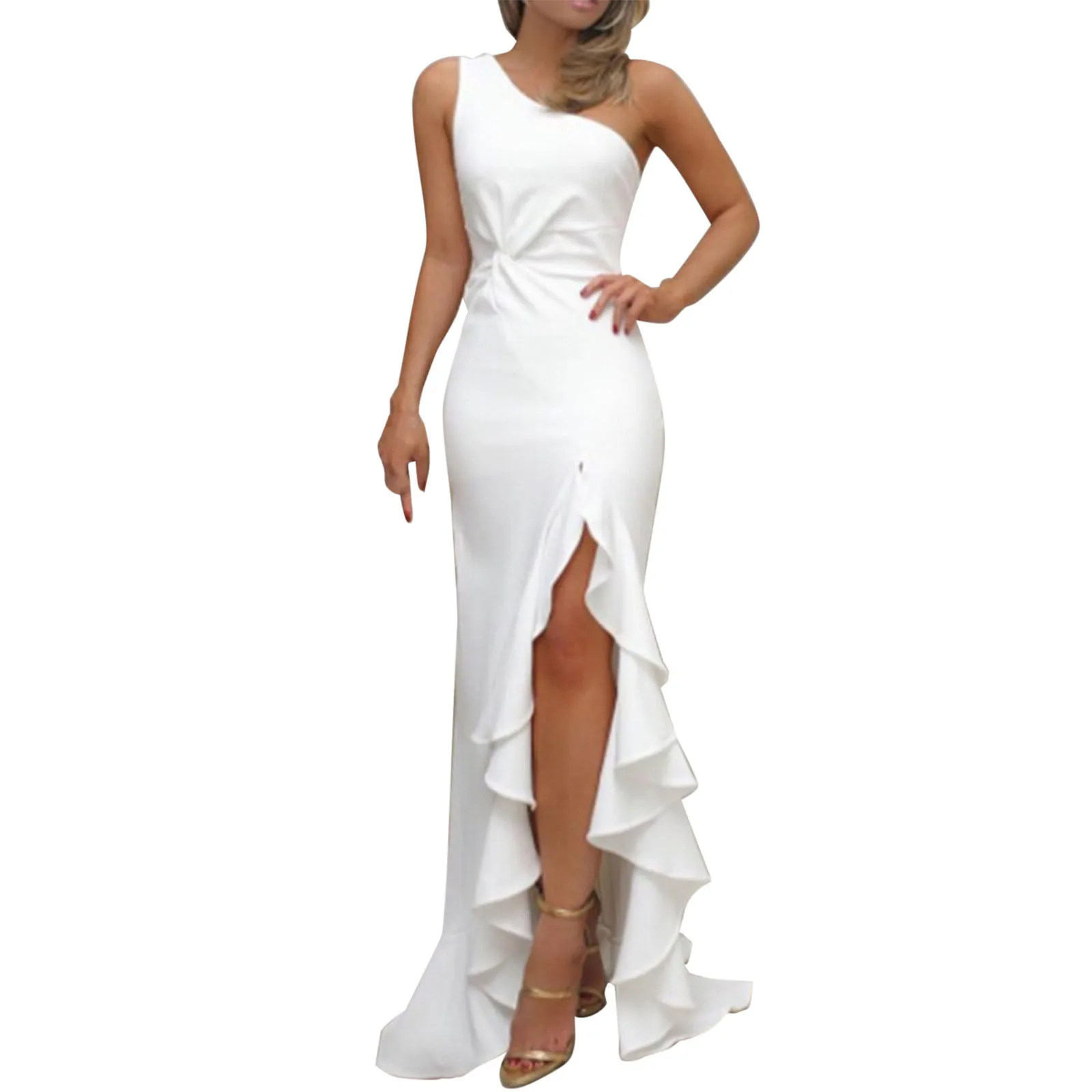 

New One Shoulder Ruched Ruffle Formal Dress Party Dress 2024 Hot Soild Slit Evening Dresses For Women Elegant Female Clothes