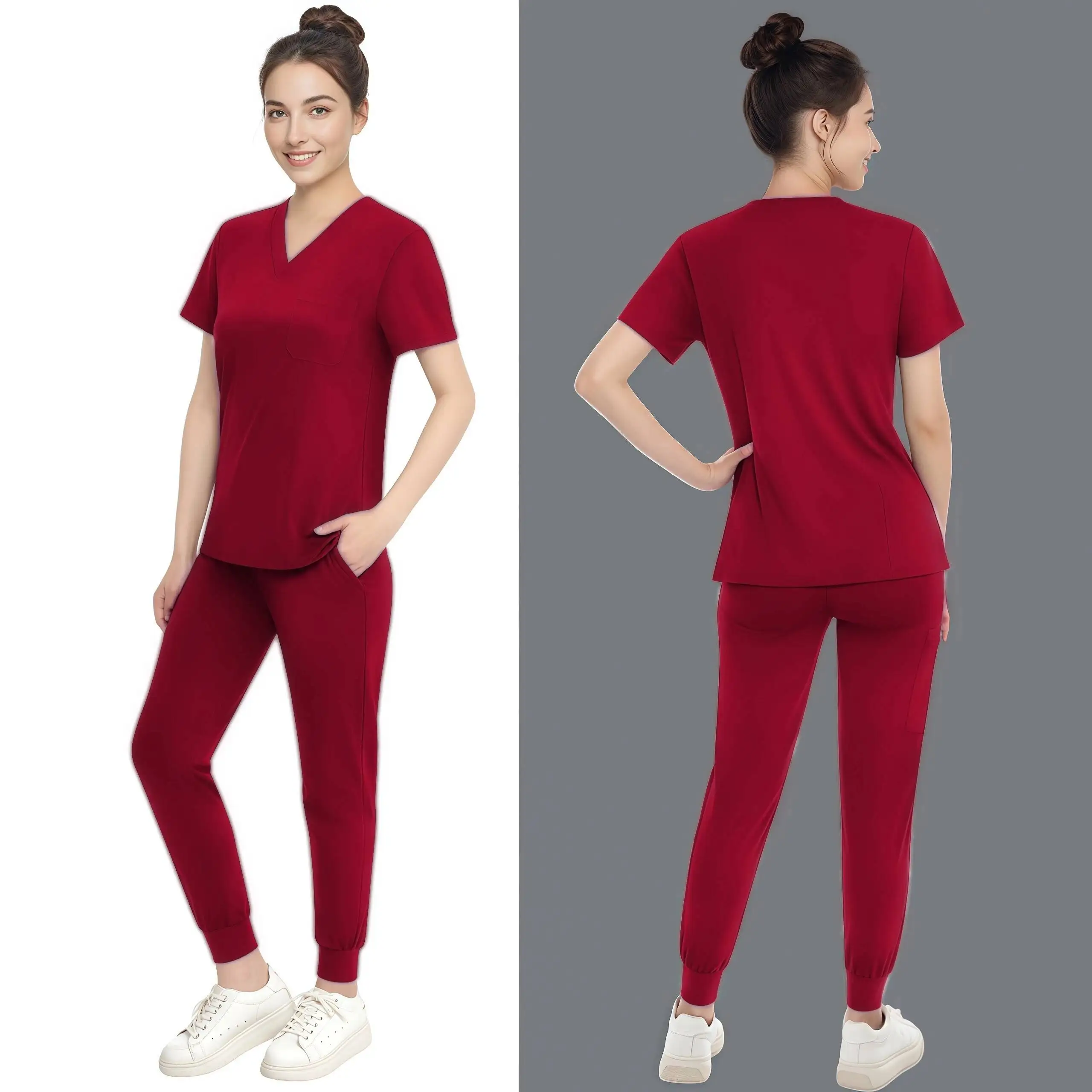 Multicolour Jogger Suit Doctor Nursing Uniforms Medical Clinical Clothes Short Sleeve V-Neck Tops Pocket Pants Nurse Scrubs Set