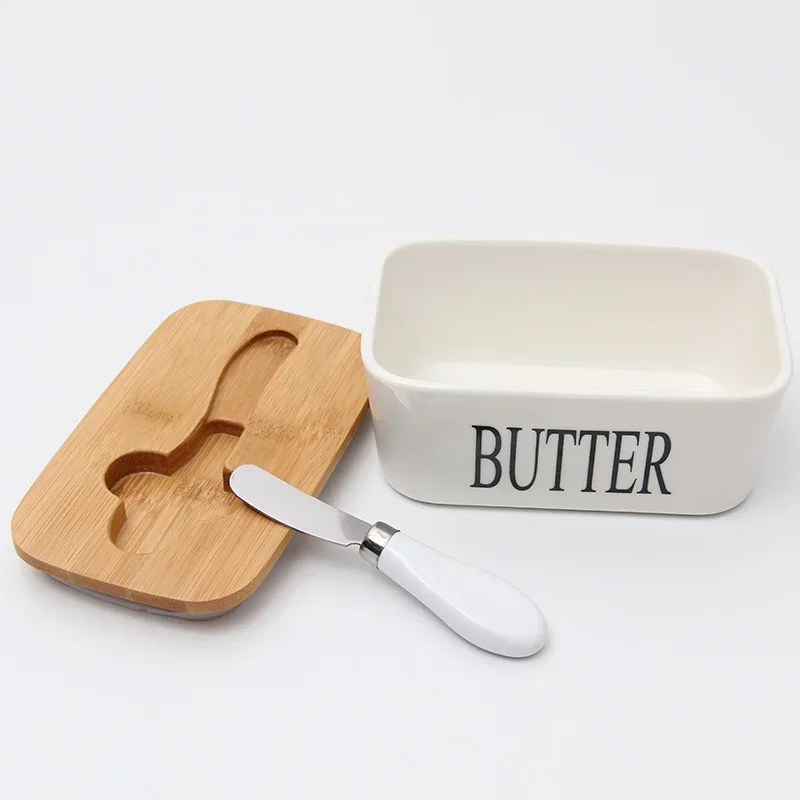 

Nordic Butter Sealing Box,Ceramic Plate with Wood Lid and Knife,Cheese Storage Tray Dish Container Box butter door