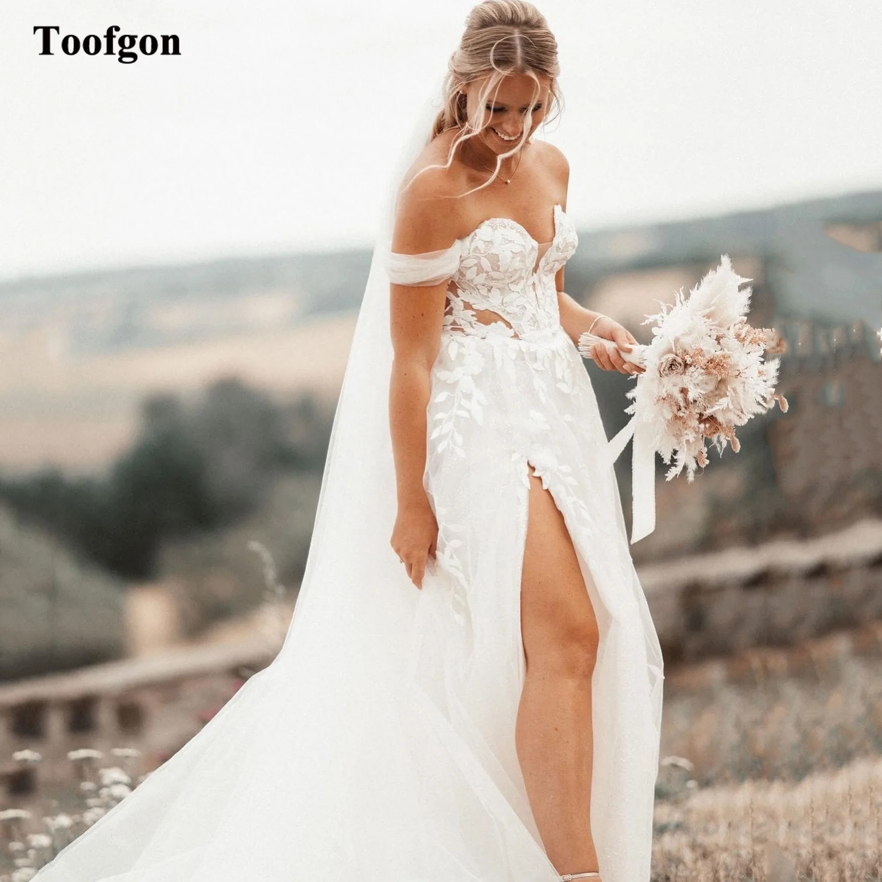 

Toofgon A Line Bohemia Wedding Dresses For Bride Appliques Lace Countryside Beach Formal Bridal Gowns Women Wedding Party Gowns