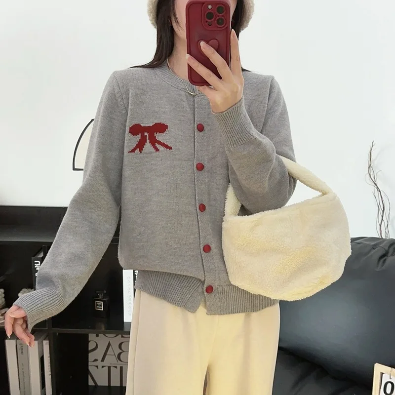 

Comfortable And Casual Knitted Cardigan Soft Waxy Bow Jacquard Sweater Coat Spring And Autumn Girlish Style Women's Dress