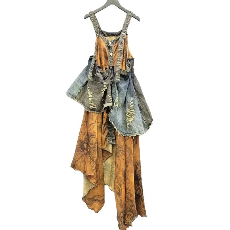 레트로 여성 프릴 스플 라이스 데님 탱크 드레스 불규칙한 오버올 서스펜더 카우보이 스커트 세련된 스트랩 찢어진 청바지 드레스 베스 티드