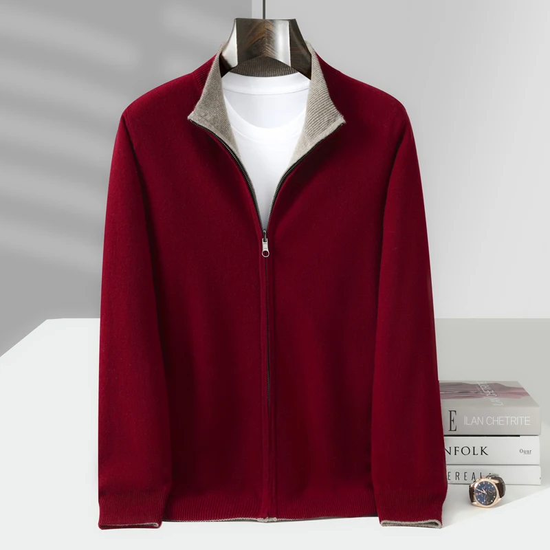 MVLYFLRT мужской кардиган на молнии с воротником-стойкой, 100% мериносовая шерсть, вязаный двусторонний кардиган, осенне-зимняя толстая теплая куртка