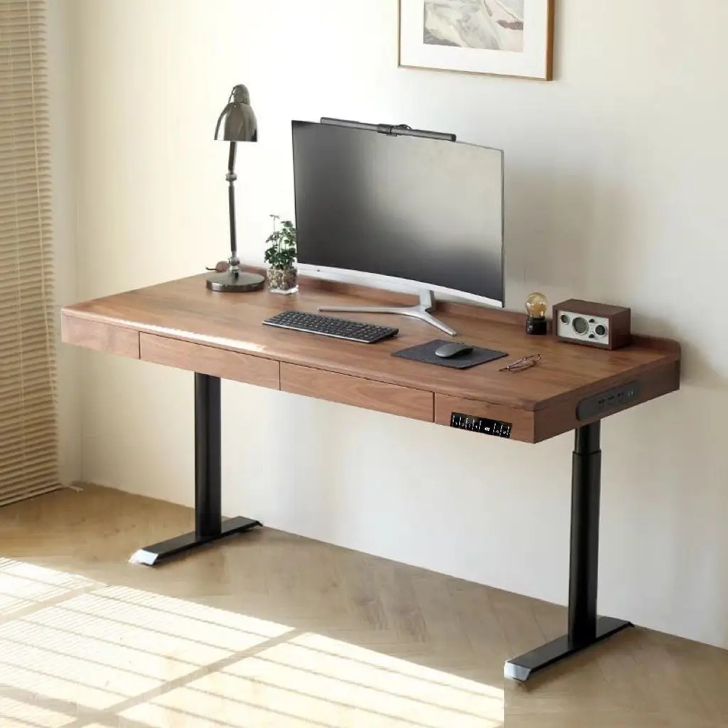 South American black walnut solid wood electric lift, office study table for 2 people with drawers