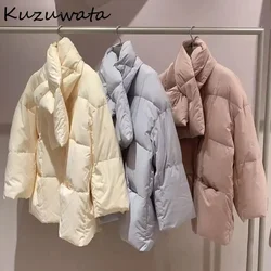 Kuzuwata Thicked New Winter White Duck Down Loose Parkas Scarf Bread Warm Women Clothing Japan Sweet Plaid Commuter Luxury Coat