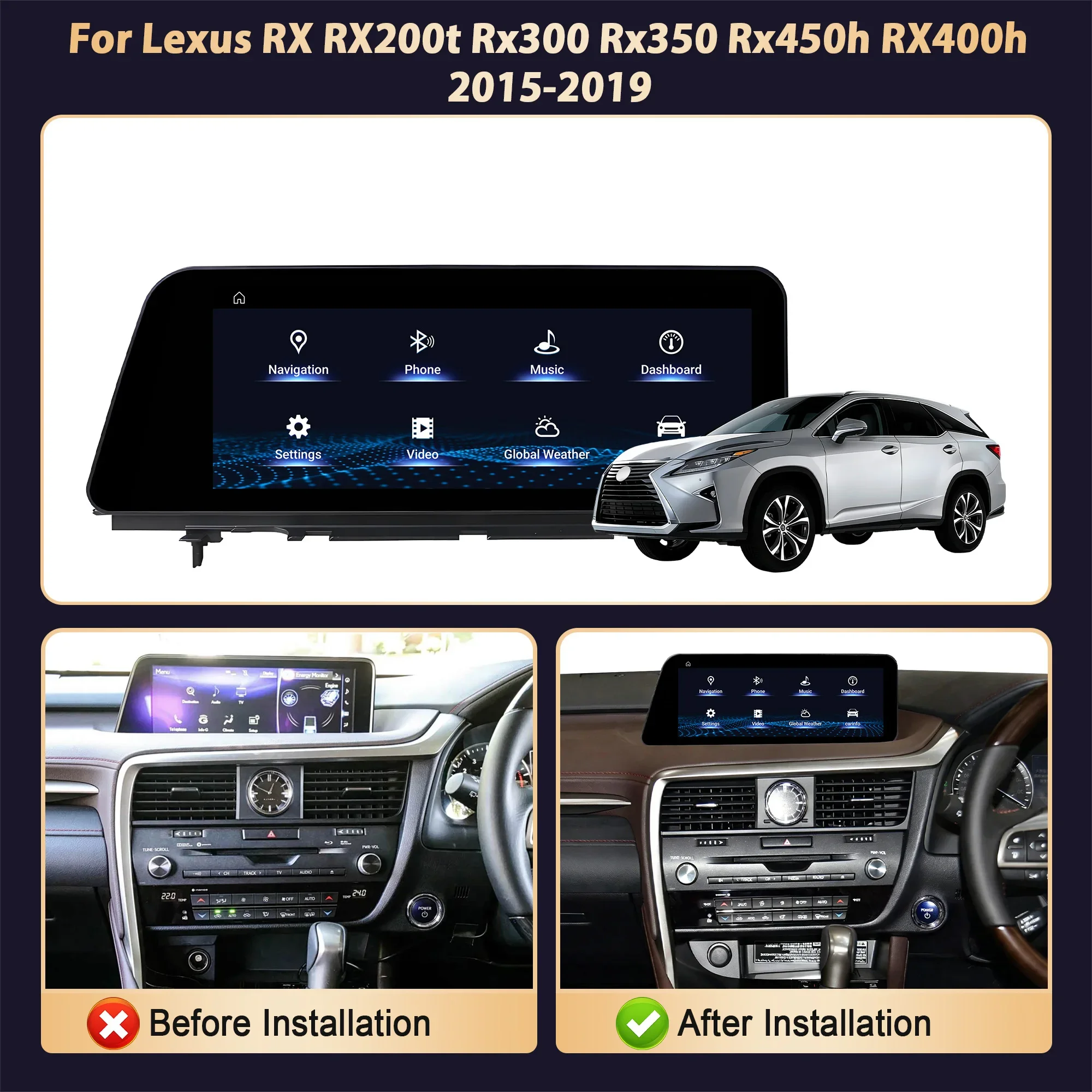12.3inch Right Hand Drive For Lexus RX RX200t Rx300 Rx350 Rx450h RX400h 2015-2019 Android 14 Snapdragon 685 Radio Screen Carplay