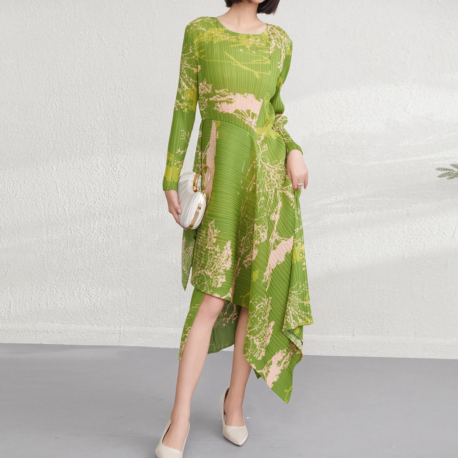 

Miyake Factory Direct 2025 Spring New Women's Casual Midi Length Pleated Dress Stripe Print Ruched Decoration Natural Waistline