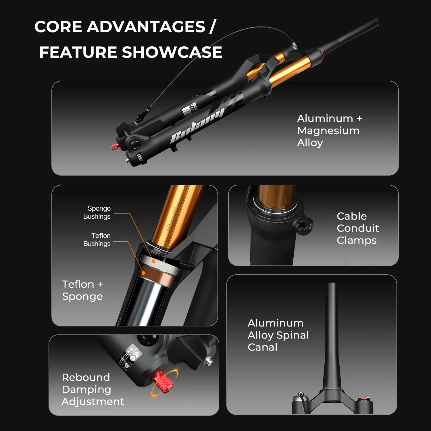 BOLANY Bicycle Fork Front Air Suspension Thru Axle Boost 27.5/29 inch 120mm Travel Rebound Adjustment MTB Air Suspension Fork
