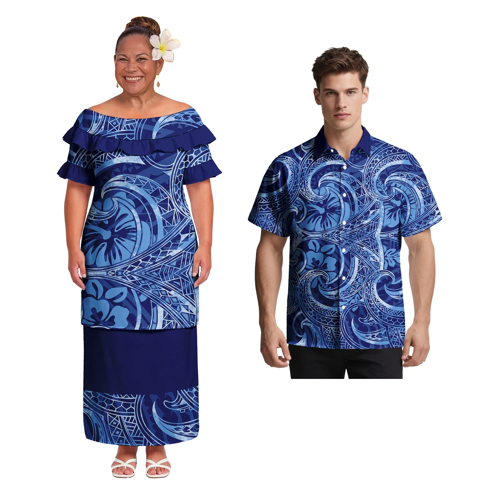 Island Beach Samoan Polynesia Men's Casual Shirts Ladies Elegant Puletasi 2pc Set Hawaiian Hibiscus Print Couple Match Outfits