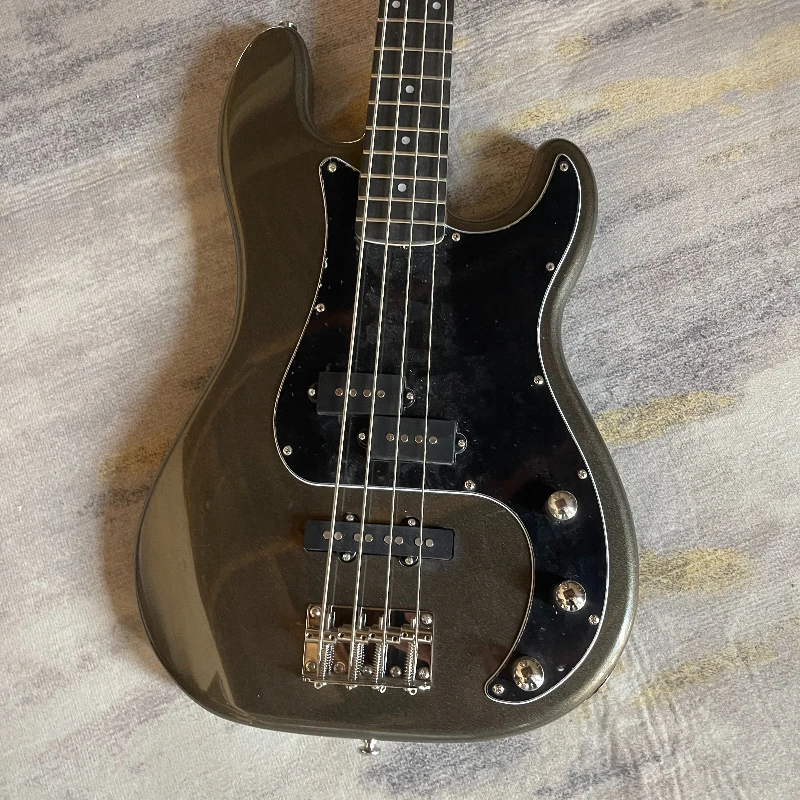 Gloss Metallic Grey Precision Bass Electric Guitar Two Split Humbucker Pickups Solid Wood Body Live Performance Free Shipping