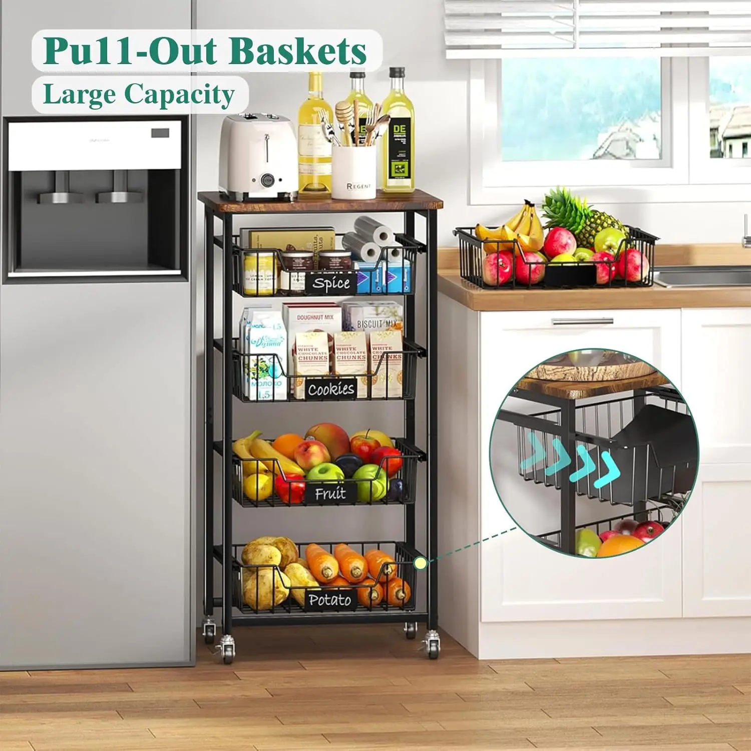 5-Tier Vegetable Fruit Basket Kitchen Storage Rolling Cart on Wheels with Pull-Out Baskets and Wood Top