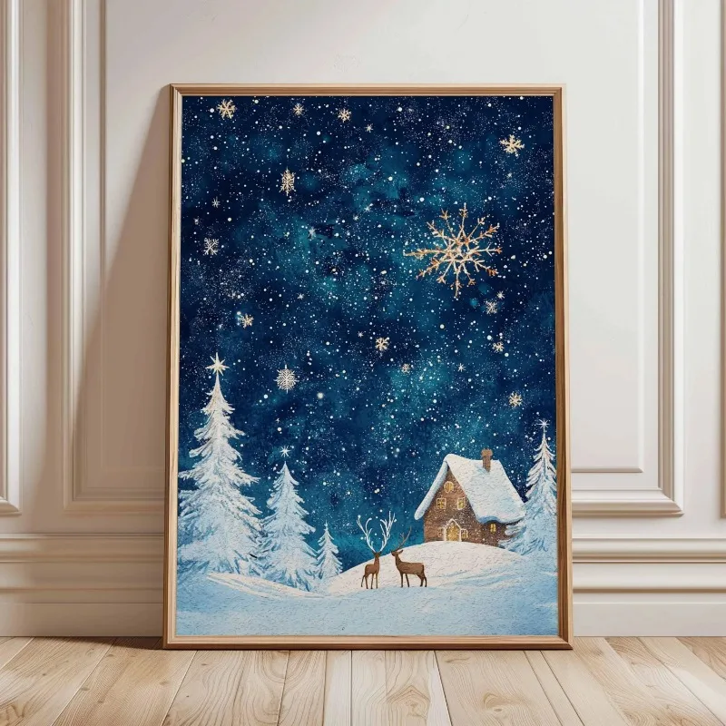 Winter Snow Cabin Canvas Wall Art Unframed Print Dark Blue Starry Sky Deer Snowflake Scene Poster for Christmas Home Decor