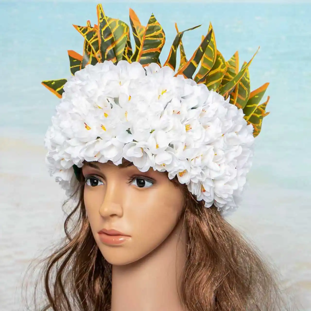 

Мода Гавайи Гаити Хей Хоку шелковые цветы W повязка на голову с листьями папоротника цветочная гирлянда Корона для Алиха Хула танец