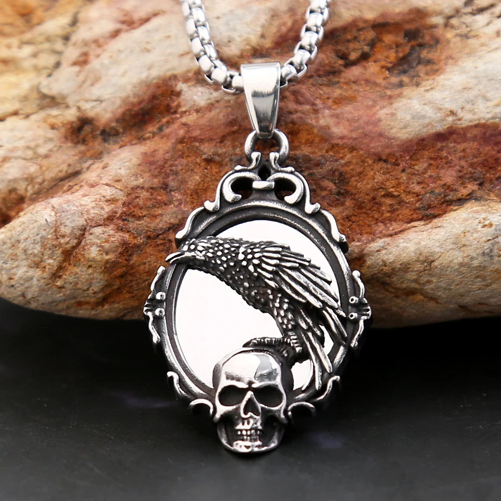 Vintage Edelstahl Magie Spiegel Anhänger Halskette Für Männer Frauen Punk Viking Rabe Schädel Halsketten Amulett Schmuck Großhandel