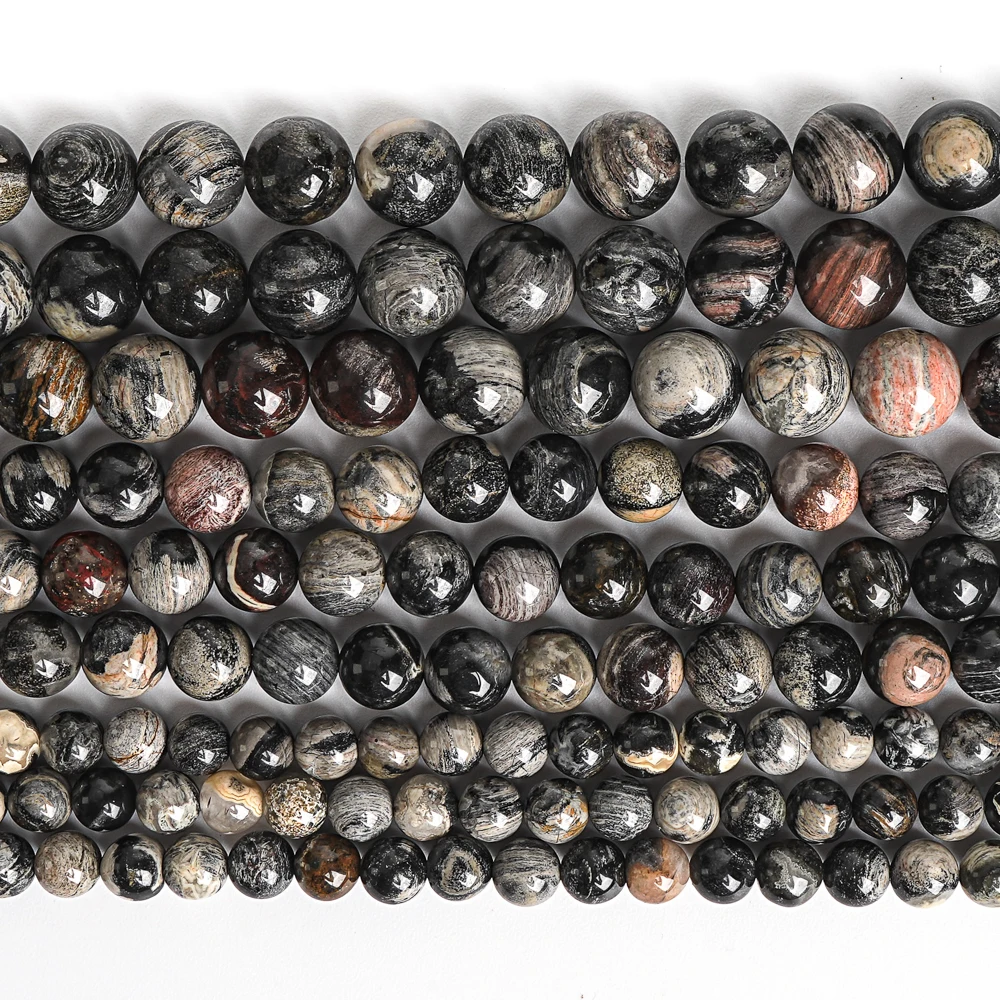 Natural Black Silver Leaf Jasper Beads Strands Gray Brown Round Loose Beads For Jewelry Making DIY Bracelet Make Bracelets