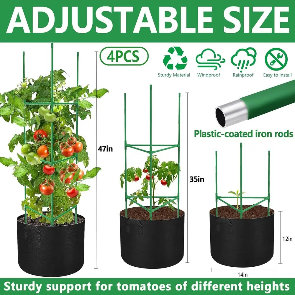 4 Packs 47 x 12 Inch Garden Tomato Cages with Grow Bags - Plant Support Trellis Assembled with Planter Bags - Garden Cucumber Ve