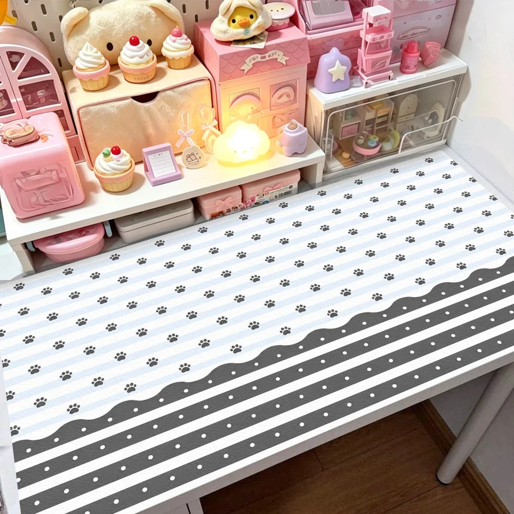 Full Screen Kitten Paw Polka Dots Pink Stripe Leather Desk Pad Protector Mouse Pad Office Desk Mat Non-Slip PU Desk Blotter Pad