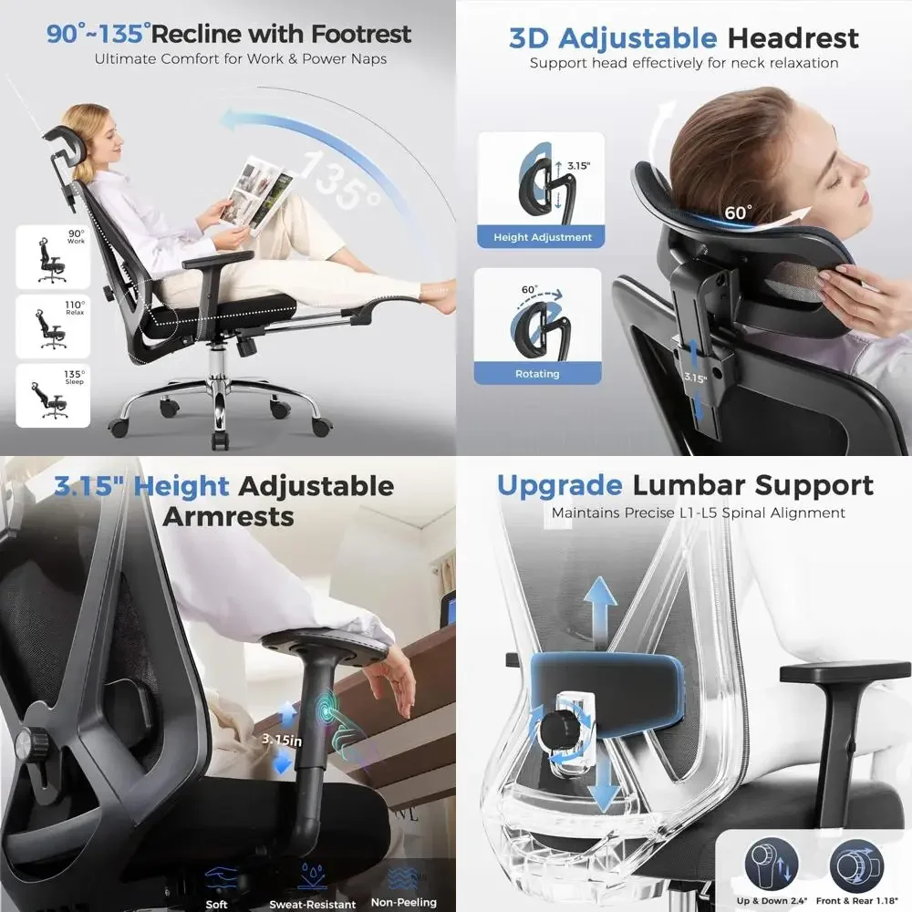 ergonomic office chair big and tall gaming chair with footrest, 3d adaptive lumbar support & headrest, high back rolling comput