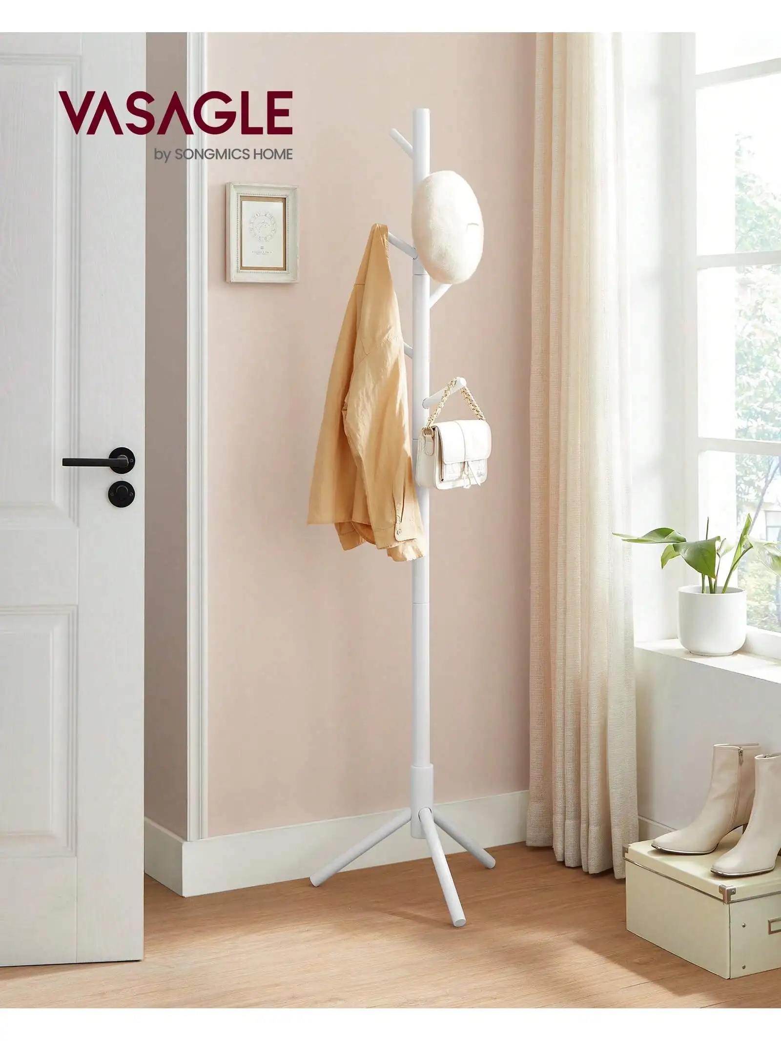 VASAGLE Solid Wood Coat Rack, Free Standing Coat Rack, Tree-Shaped Coat Rack with 8 Hooks, 3 Height Options, for Clothes