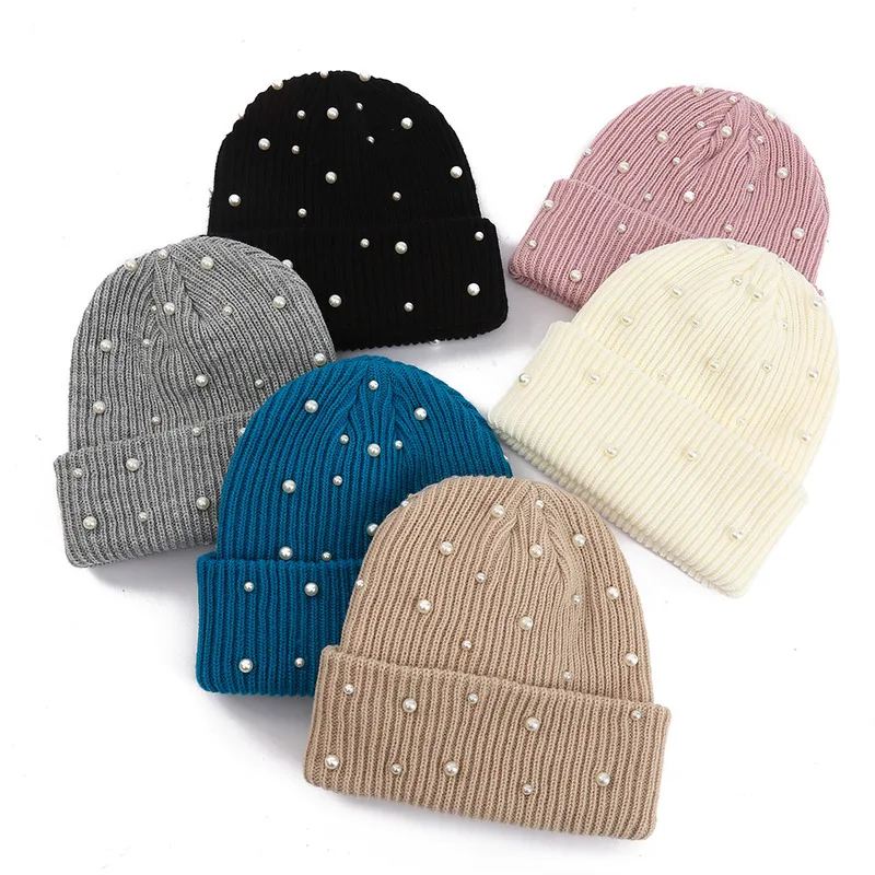 New knitted hat, woolen hat with fashionable pearl embellishments, winter warm knitted hat