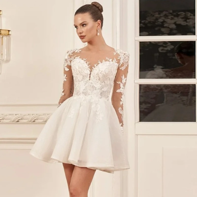 فستان زفاف قصير مخصص كم طويل مغرفة الرقبة زين بريق تول ألف خط ثوب الزفاف الصغير ل رداء العروس #2