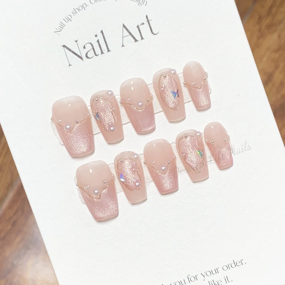 Handmade Press on Nails Nude Pink Cat Eye Design Reusable False Nails Korean Romantic Nail Tips Manicure Desired Life Store