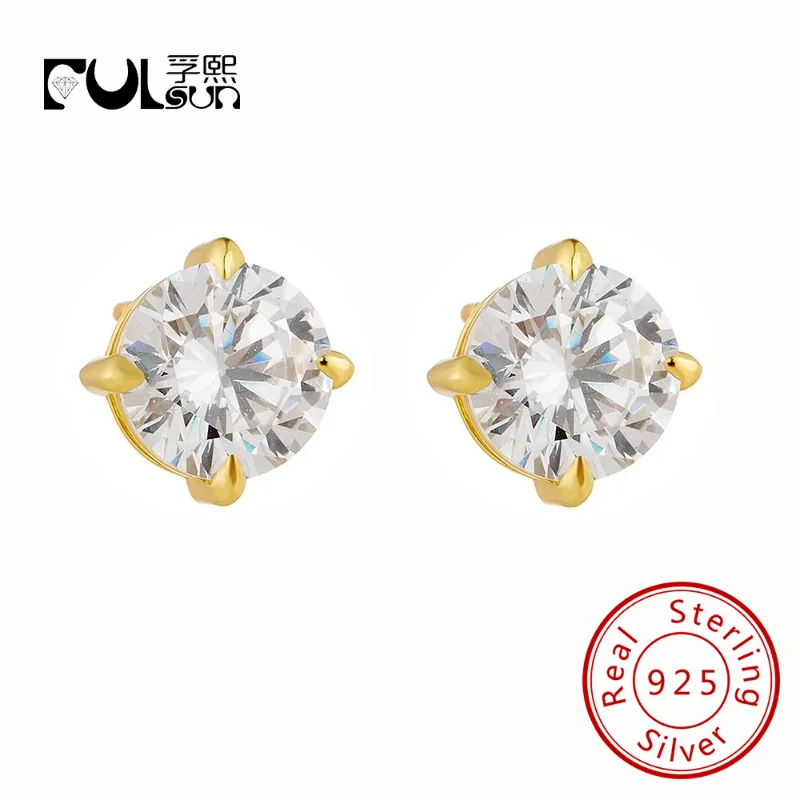 Jewelry 925 Sterling Silver 14K Gold Plated Cz Zircon Single Stone Solitaire Round 3Mm 4Mm 5Mm 6M 7Mm Earrings