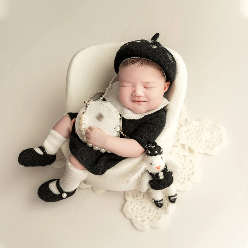 Baby Outfit Newborn Photography Props French Style Beret Socks + Crochet Shoes 4 Pcs/Set Pearl Bag Baby Girl Photoshoot Clothing