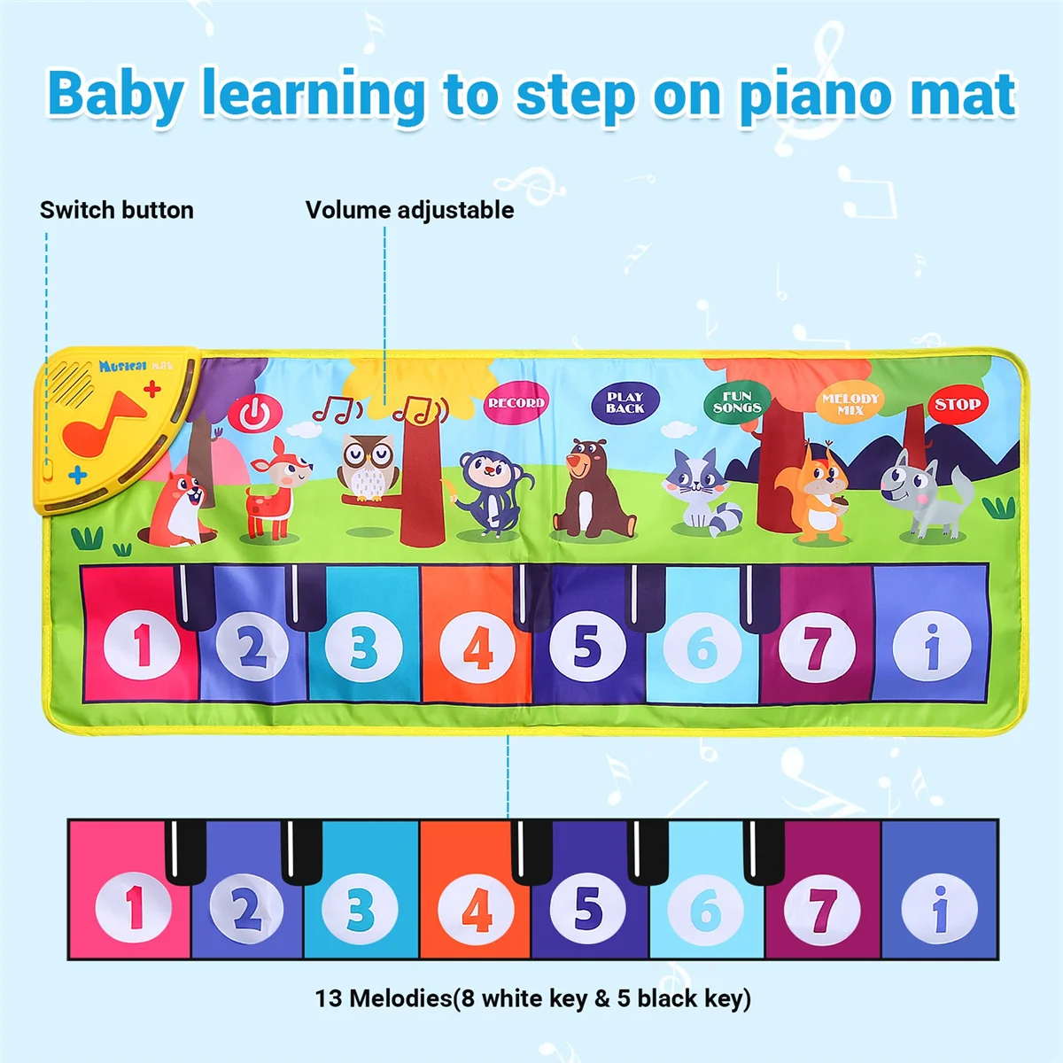 Music Game Mat Musical for Kids Floor Keyboard Dance Mat with 8 Animal Sounds Baby Mat Study Educational Toys