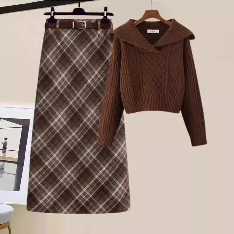 

Стильный вязаный комплект-двойка для женщин: осенне-зимний, с V-образным вырезом, коротким и длинным рукавом, теплый, из полиэфирного волокна, прямого кроя