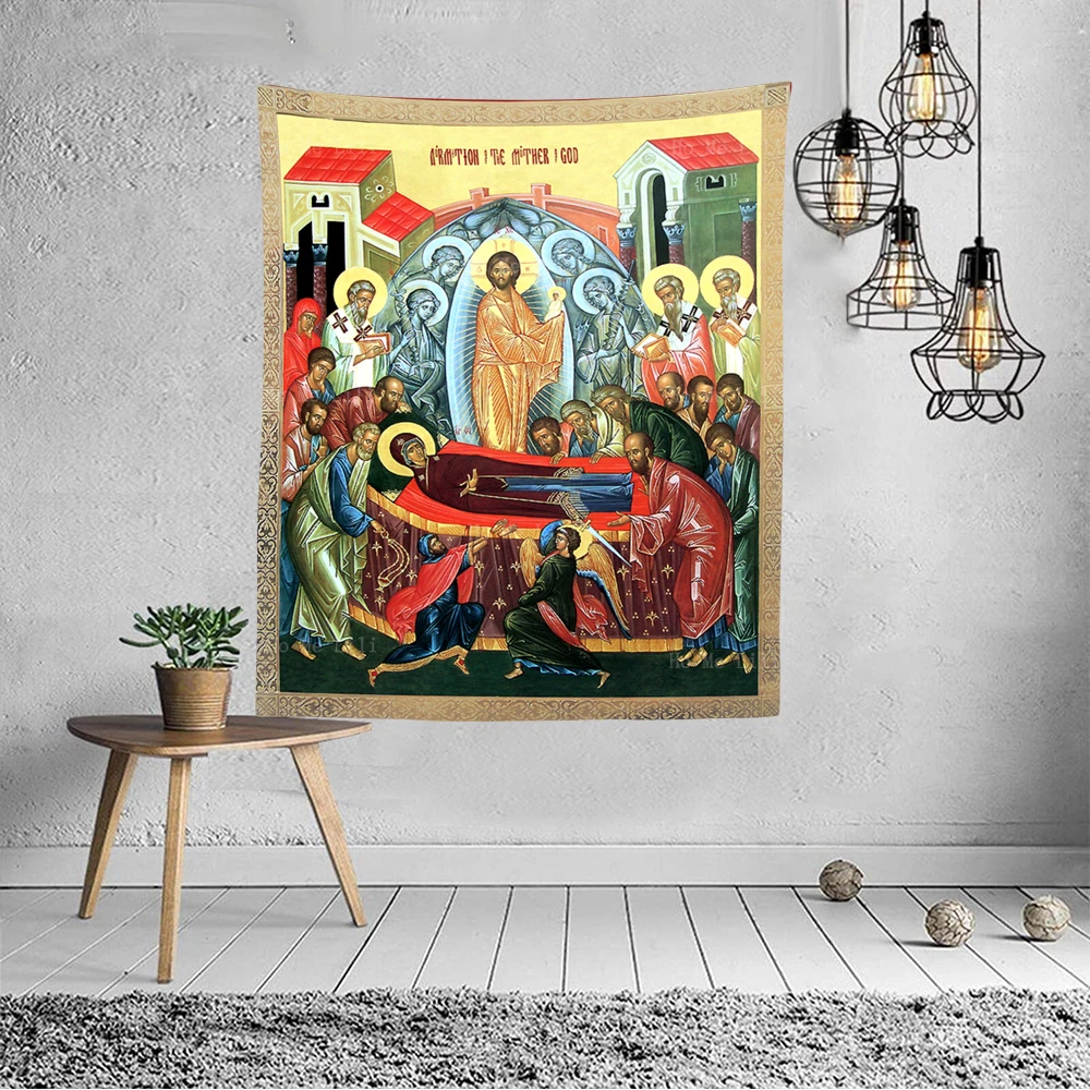 Greek Orthodox Dormition Of The Virgin Mary Mystery Incarnation Jesus Icon Tapestry By Ho Me Lili For Livingroom Wall Decor