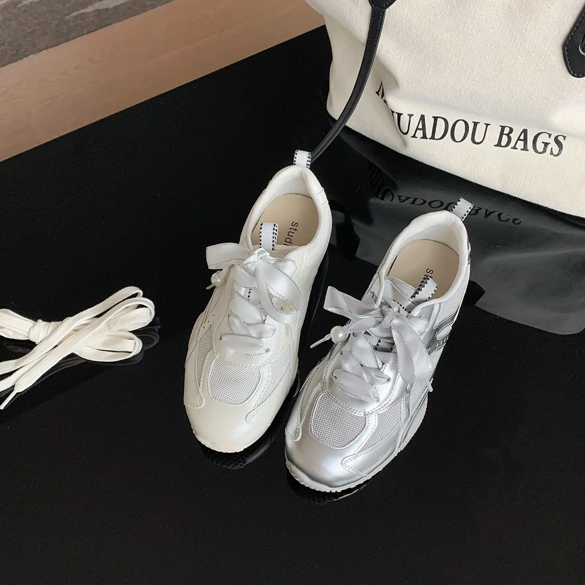 ballet-sle-pearl-lace-up-casual-breathable-net-face-girl's-flat-oes-comfortable-deoxynucleotide-leather-round-toe-rubber